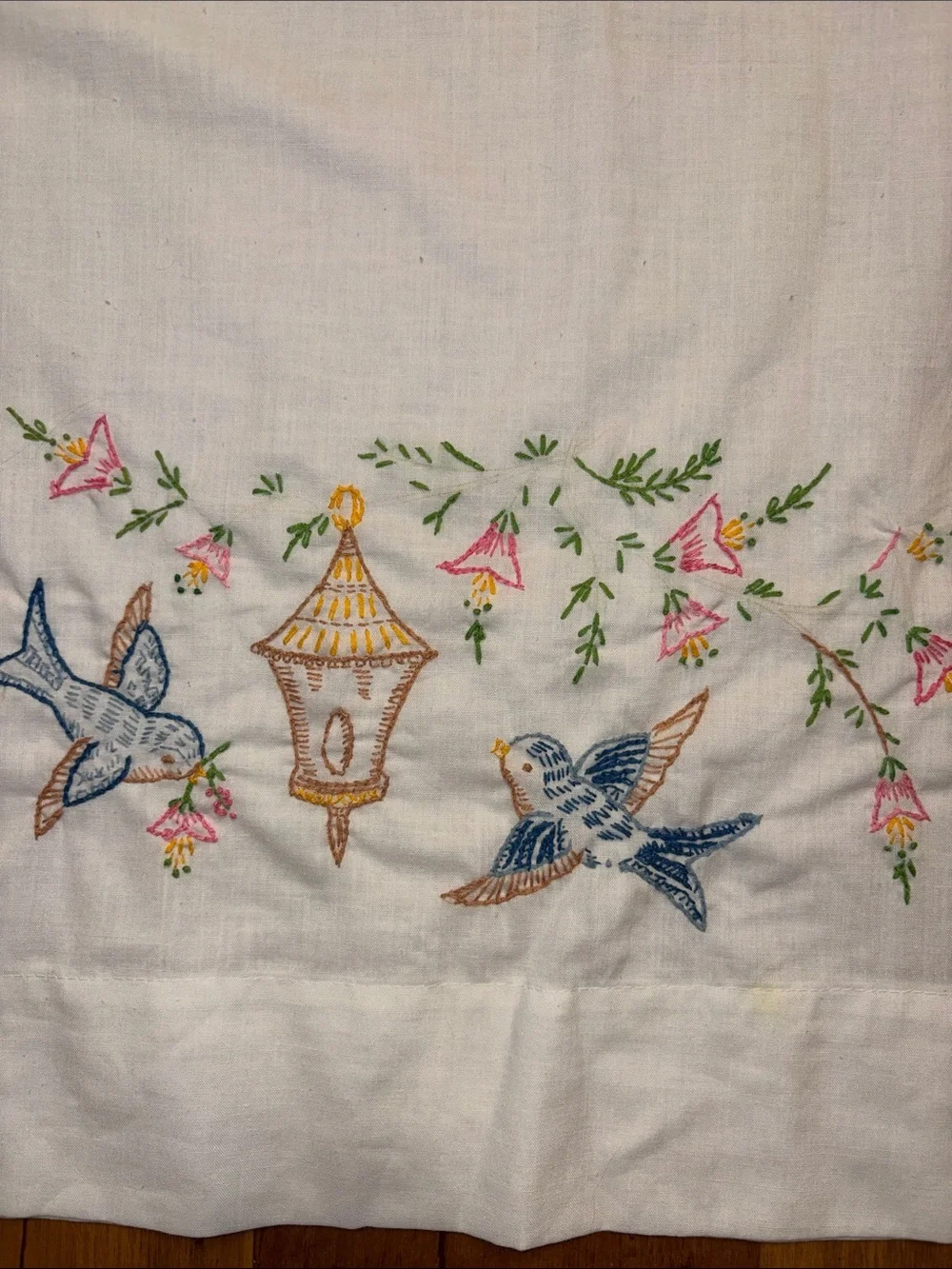 Vintage Pillowcase With Embroidered Birds And Flowers 30x20